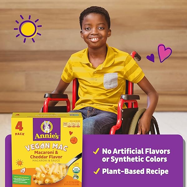 ANNIE’S VEGAN MAC AND CHEDDAR FLAVOR SAUCE, VEGAN MACARONI AND CHEESE MADE WITH ORGANIC PASTA, 4 CT, 24 OZ