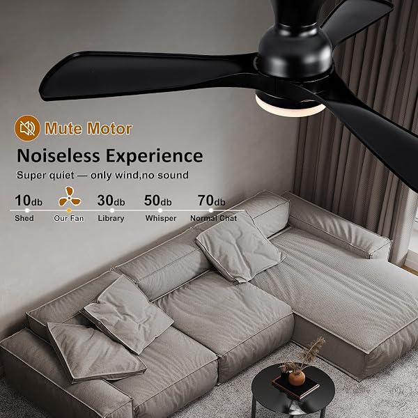 OMYU 42 INCH CEILING FANS WITH LIGHTS AND REMOTE CONTROL, LOW PROFILE CEILING FAN WITH LIGHT, DIMMABLE, QUIET DC MOTOR, FLUSH MOUNT, BLACK CEILING FAN FOR INDOOR OUTDOOR BEDROOM PATIO (ABS BLADES)
