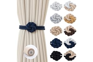 Contoeey Magnetic Curtain Tiebacks Holdbacks - Wood Tie Backs Rope Holder with Floral Knot Design for No Drill Easy Install, Modern Boho Home Decor (2Pack, Navy)