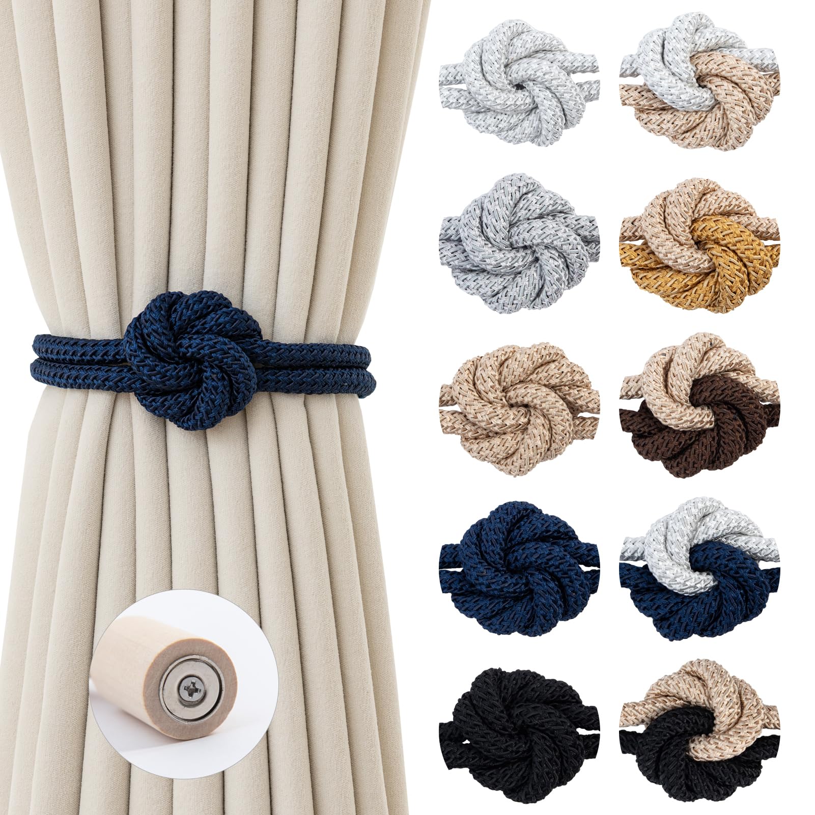 Contoeey Magnetic Curtain Tiebacks Holdbacks - Wood Tie Backs Rope Holder with Floral Knot Design for No Drill Easy Install, Modern Boho Home Decor (4Pack, Navy)