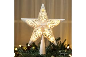 Brizled Star Christmas Tree Topper, 8" Glittered Hollow-out Tree top Star, Double-Sided 3D Tree Topper with 10 Lights, UL Certified Lighted Xmas Tree Topper for Holiday Christmas Tree Decor, Silver