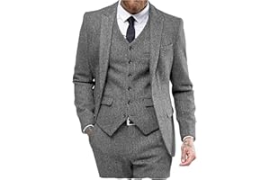 CEEHUTEEY Mens Tweed Herringbone Wedding Suit Prom Tuxedos 3 Piece Peak Lapel Dress