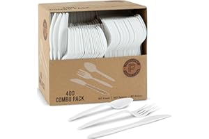 PLASTICPRO 400 Pack Disposable Plastic Utensils Assorted Colored Cutlery Combo Set Forks Spoons Knives Silverware, White Plas