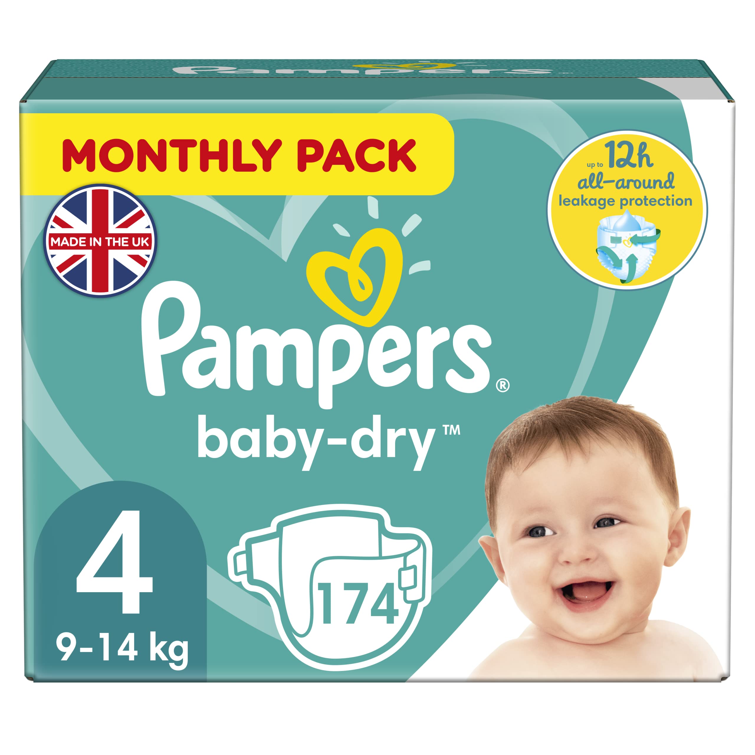 Pampers Baby Nappies Size 4 (9-14 kg/20-31 Lb), Baby-Dry, 174 Nappies, Monthly Savings Pack, Up to 12h of All-Around Leakage Protection