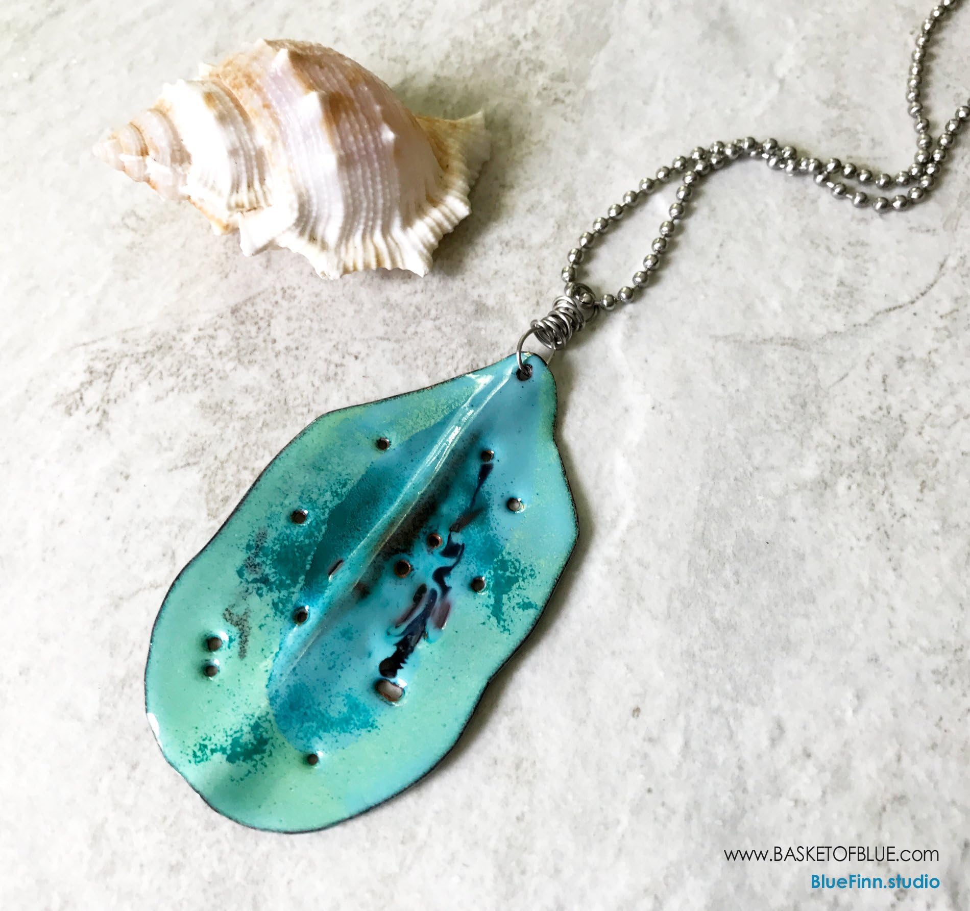 Torch Fired Enamel Pendant Seaweed Aqua Blue Sealife Necklace Enameled Copper