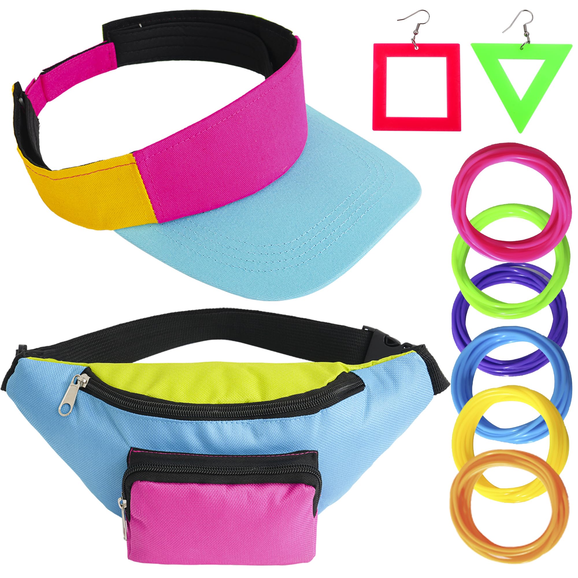 Peirich Hip Hop Costume for Women, 80s 90s Outfit Neon Fanny Pack Hat Adjustable Waist Bag, Bracelet, Earrings for Retro 80s 90s Party
