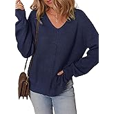 Dokotoo Women's Casual V Neck Sweaters Long Sleeve Pullover Sweater Knit Jumper Tops