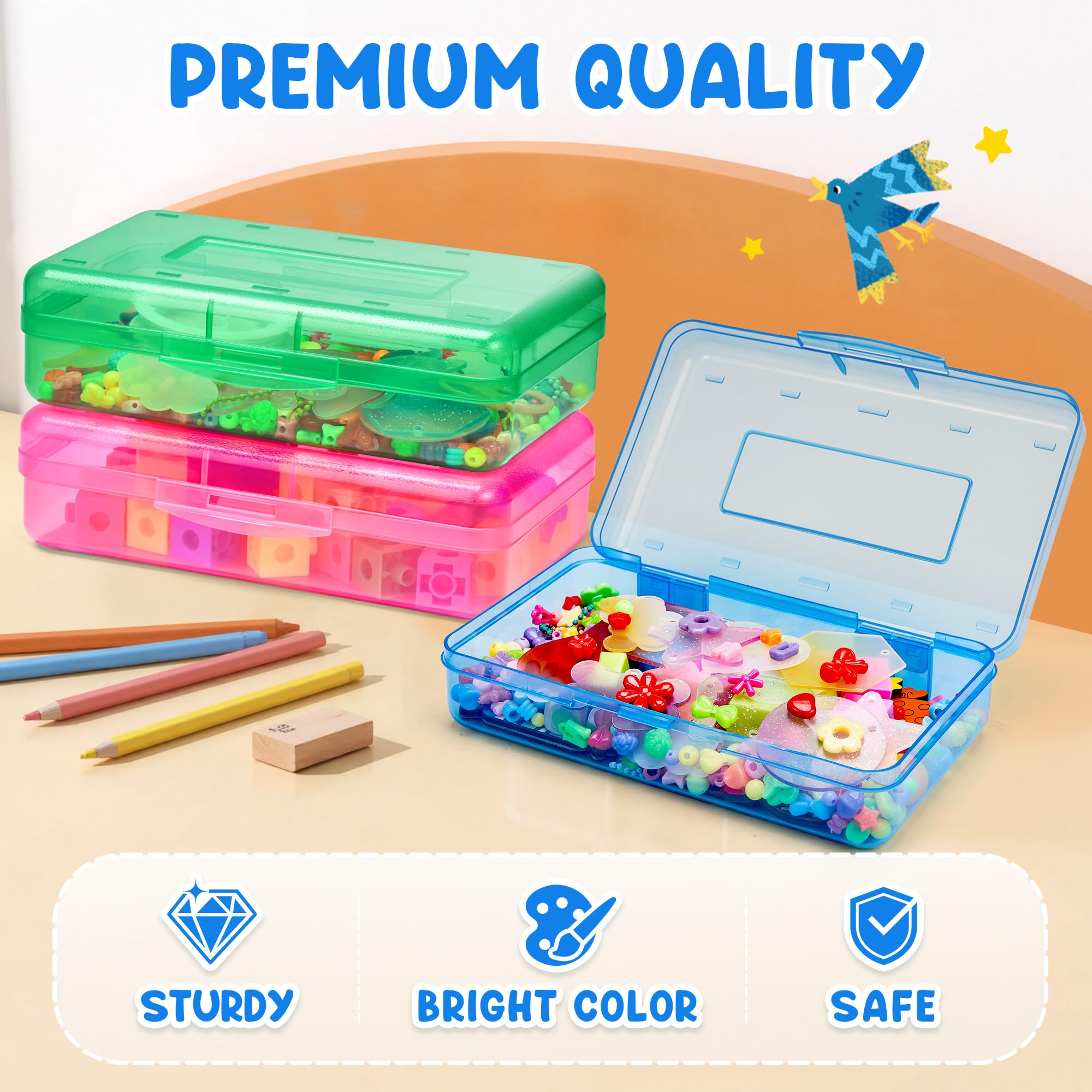 GAMENOTE Plastic Pencil Box with Personalized Sticker,Kids Large Hard Pencil Case with Snap-tight Lid,Clear Crayon Maker Organizer,Small Art Craft Storage Containers,School Supplies Box for Boys,Girls