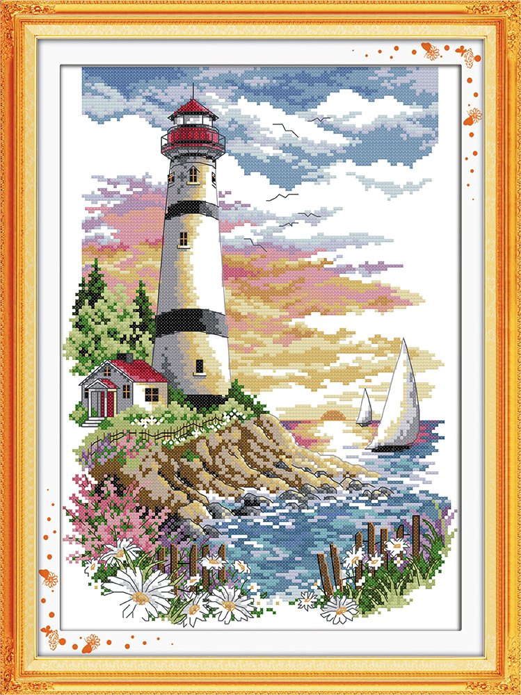 Stitchmelody 14CT Counted Cross Stitch Kits,Unprinted Pattern Embroidery Set,DMC Threads-Lighthouse 30cm×40cm