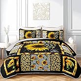 OUIXOTIC 3 Pcs Queen Sunflower Quilt Set - Black Floral Patchwork Bedspread, Farmhouse Reversible Microfiber Bed Cover & Pillow Shams, Soft & Cozy All Season Quilted Bedding