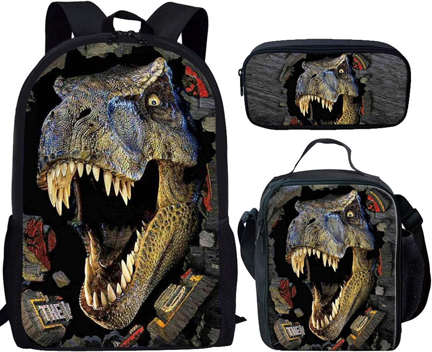 T-rex Dinosaur Travel Backpacks Set with Cooler Warm Picnic Lunch Tote Bags Multifunction Coins Wallet Zip Around Pen Cover Case Holder