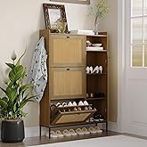 Rattan Shoe Storage Cabinet with 3 Flip Drawers, 4-Tier Freestanding Shoe Organizer, Adjustable Shelves for Entryway, Hallway, or Closet, Modern Space-Saving Shoe Rack for Home Organization