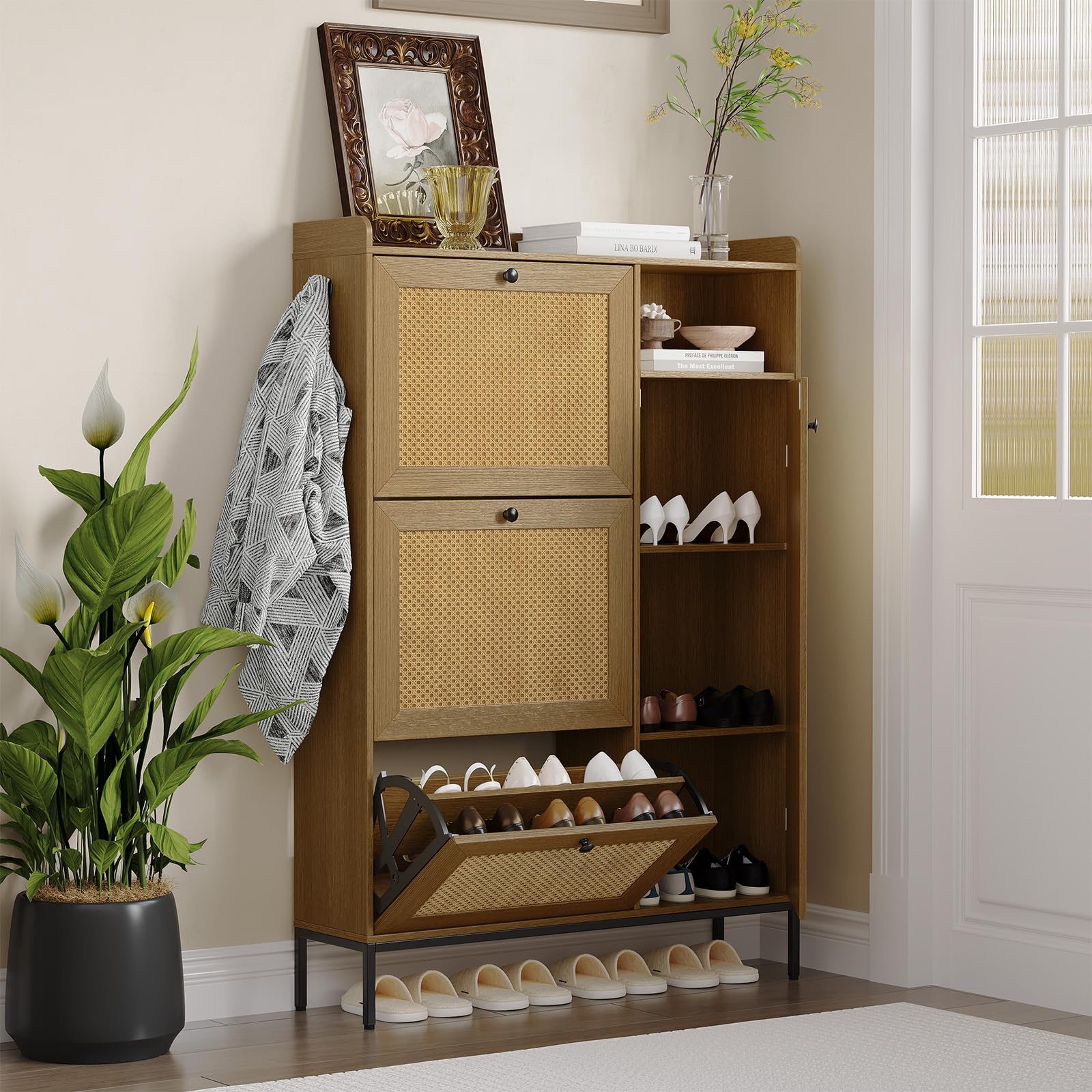 Photo 1 of GAOMON Shoe Cabinet, Free Standing Shoe Storage Cabinet with 3 Flip Drawers and Adjustable Side Cabinet, Rattan Wooden Shoe Rack, Shoe Organizer Cabinet for Hallway, Living Room, Entryway, Natural