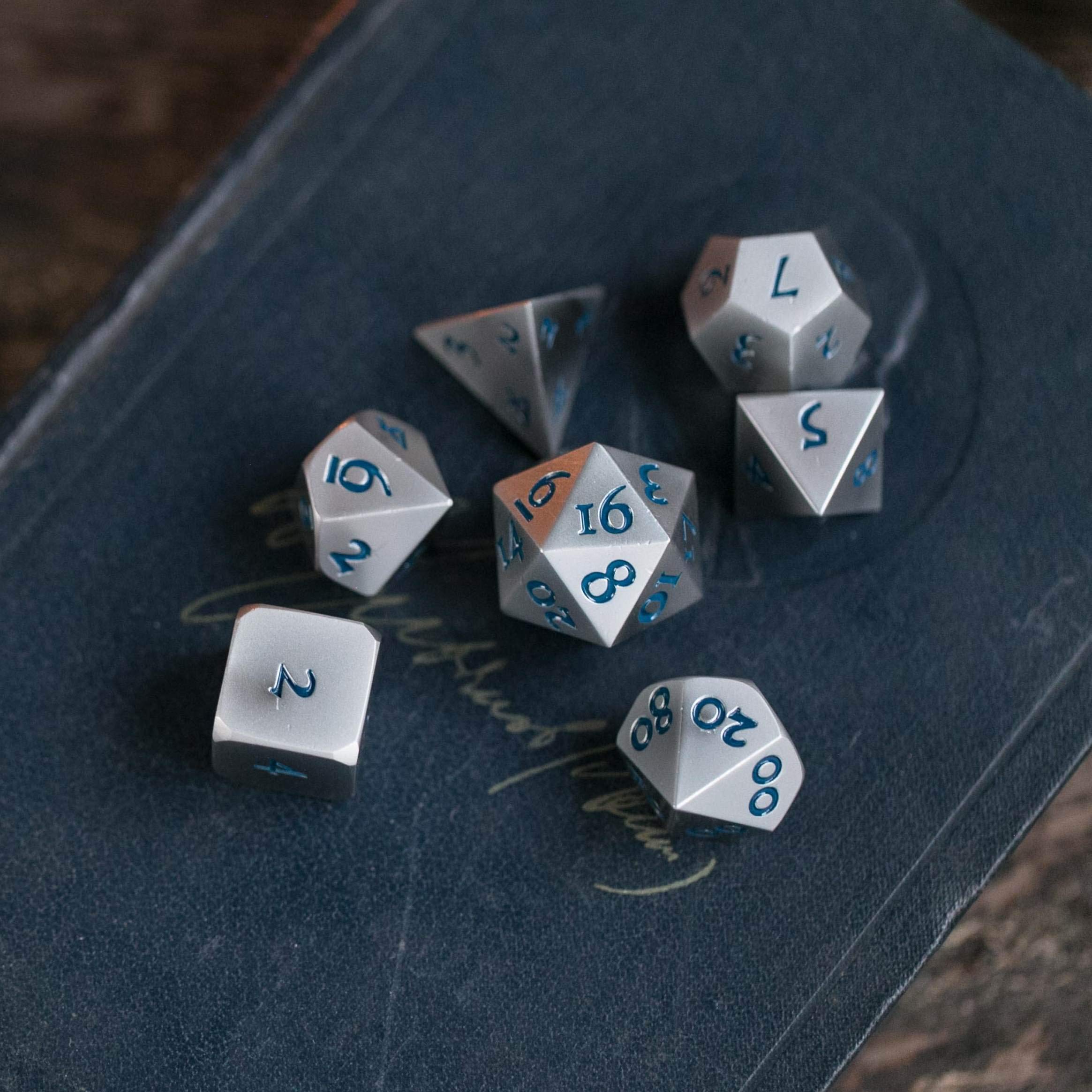 Table Breakers Silver- Extra Large Solid Metal Polyhedral Dice Set with Dice Box and Dice Tray for D