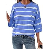 Dokotoo Womens Sweaters Spring Summer Oversized 3/4 Sleeve Striped Crewneck Casual Lightweight Knit Pullover Sweater Tops