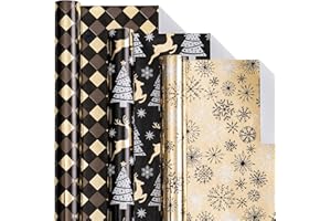 LeZakaa Christmas Metallic Foil Wrapping Paper - Mini Roll - Reindeer/Snowflake/Grid in Black and Gold for Gift Wrap, DIY Craft - 17 x 120 inches - 3 Rolls (42.5 sq.ft.ttl.)