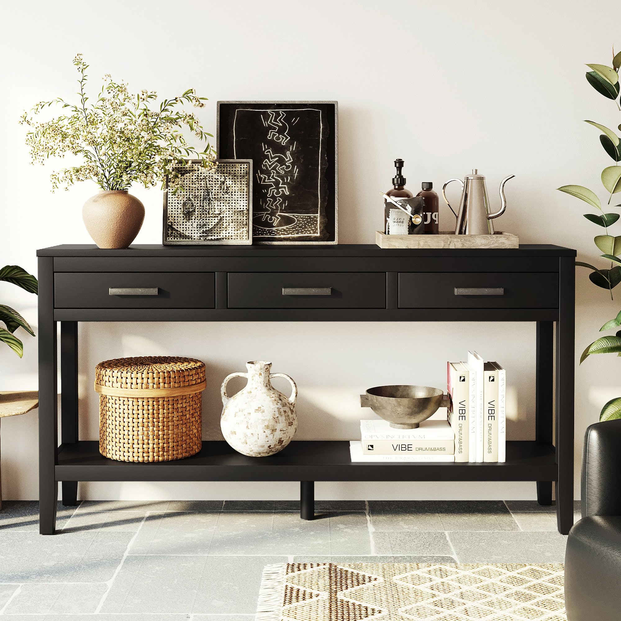 Photo 1 of Merax Entryway Console Table with Storage, 3 Drawers Design/Wood Frame/Behind Couch & Sofa, Black