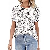 RMCMS Women Dinosaur Shirt Summer Cute Tops Dino Graphic Tees Casual Loose Short Sleeve Blouse