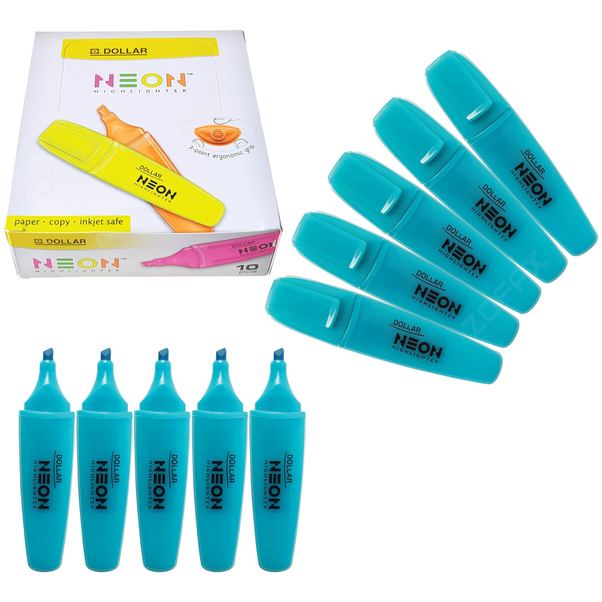 DOLLAR HL625 Neon Fluorescent Highlighter Pens, BLUE, Pack of 10, Chisel Tip (5.0mm), 3-Point Grip, Multipack, Fast-drying, School Office Home Highlighters