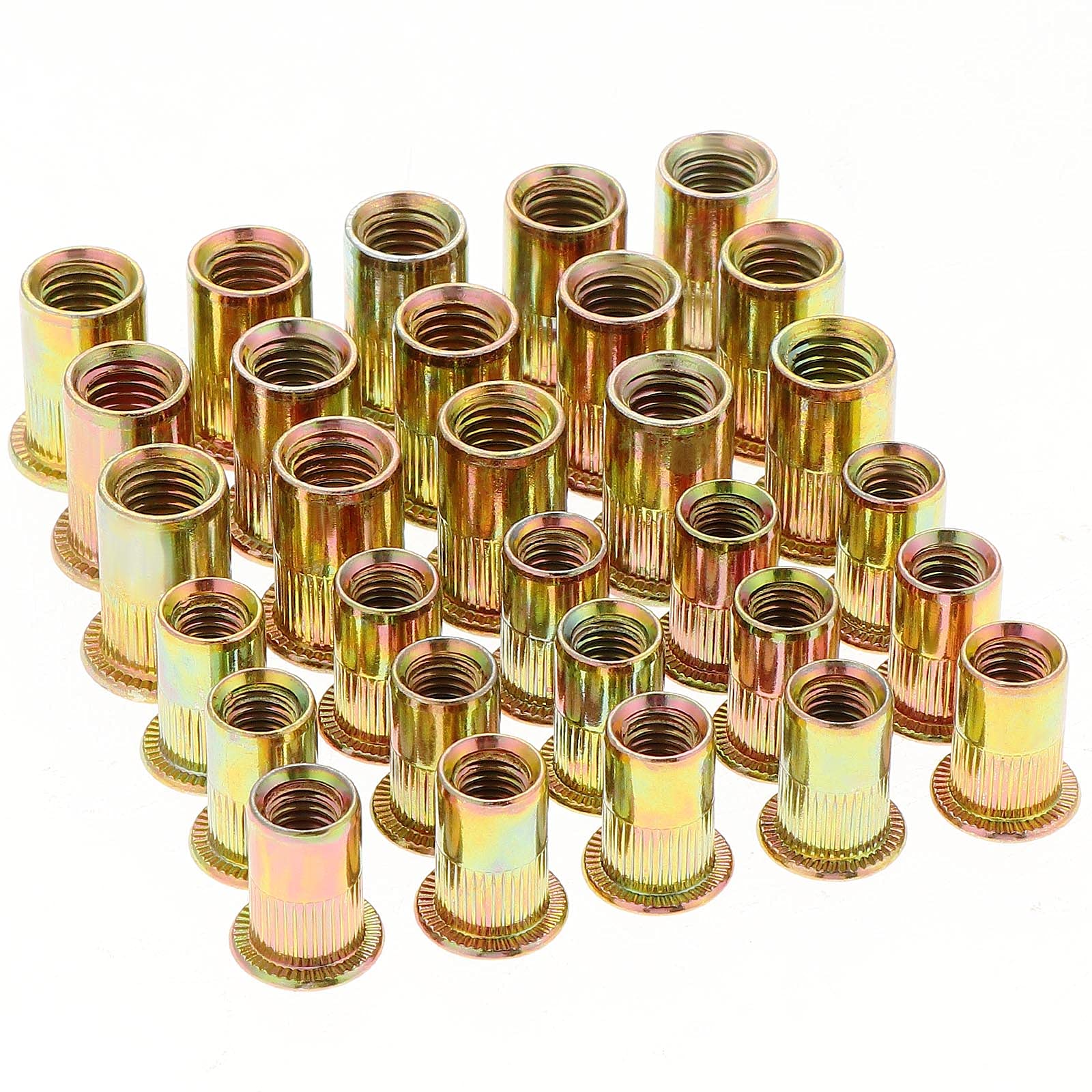 Gueenky 50PCS Rivet Nuts, M6 M8 Nutsert Zinc Plated Carbon Steel Flat Head M8 M6 Threaded Rivets Nutsert for Wood Furniture