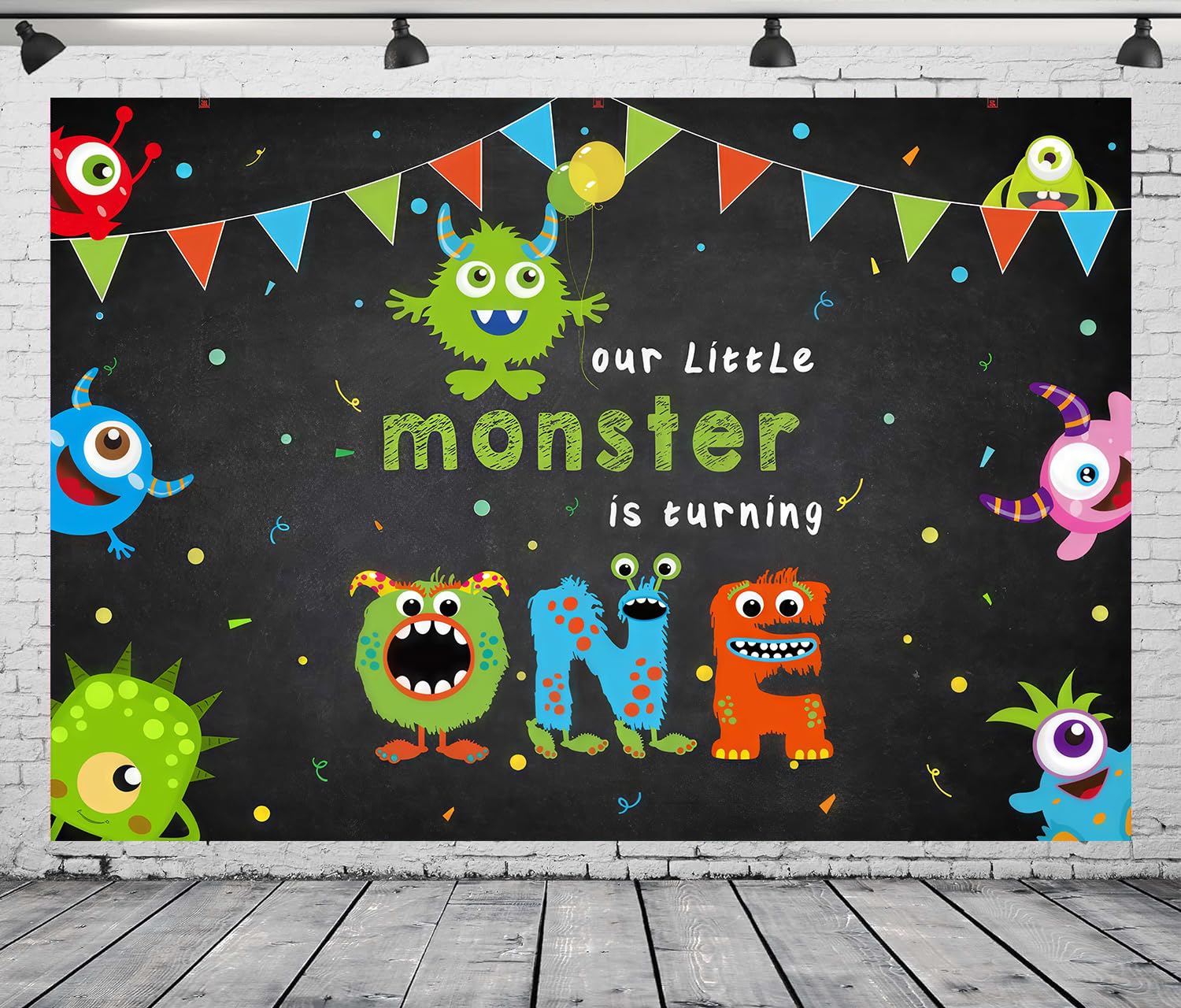 Photo 1 of DePhoto 7x5FT 1st Backdrop Our Little Monster is Turning One Backdrop Colorful Monsters for Boys Children Birthday Party Decoration Photoshoot Props Vinyl