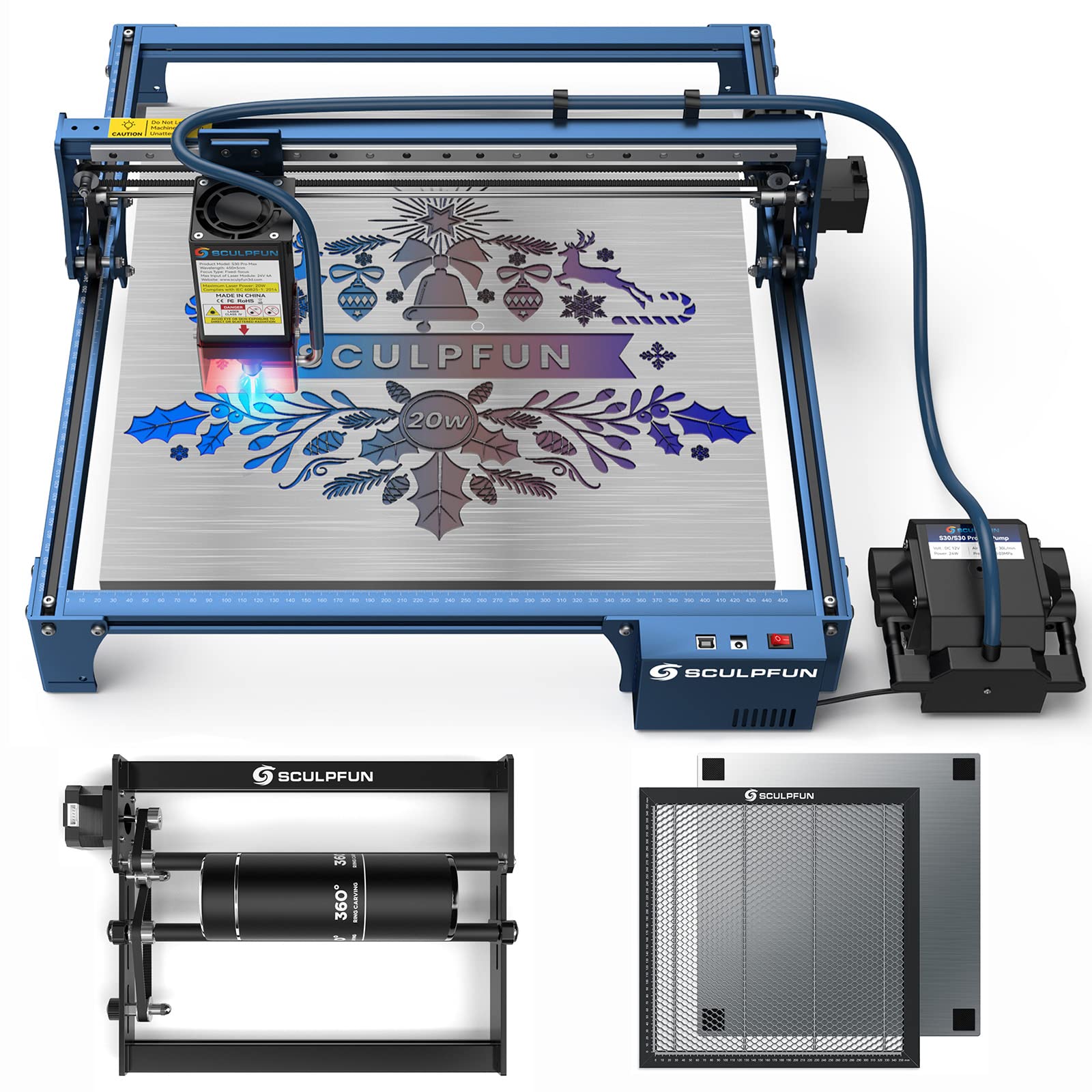 SCULPFUN S30 Pro Max 20W with Air Assist, Rotary and Honeycomb Laser Bed