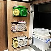 Rise age Tupperware Organizer for Cabinet, Adhesive Cabinet Door Organizer Wall Mounted Lid Organizer No Drill Kitchen Cabinet Organizers Storage for Slim Space 3 Pcs Black Stainless Steel