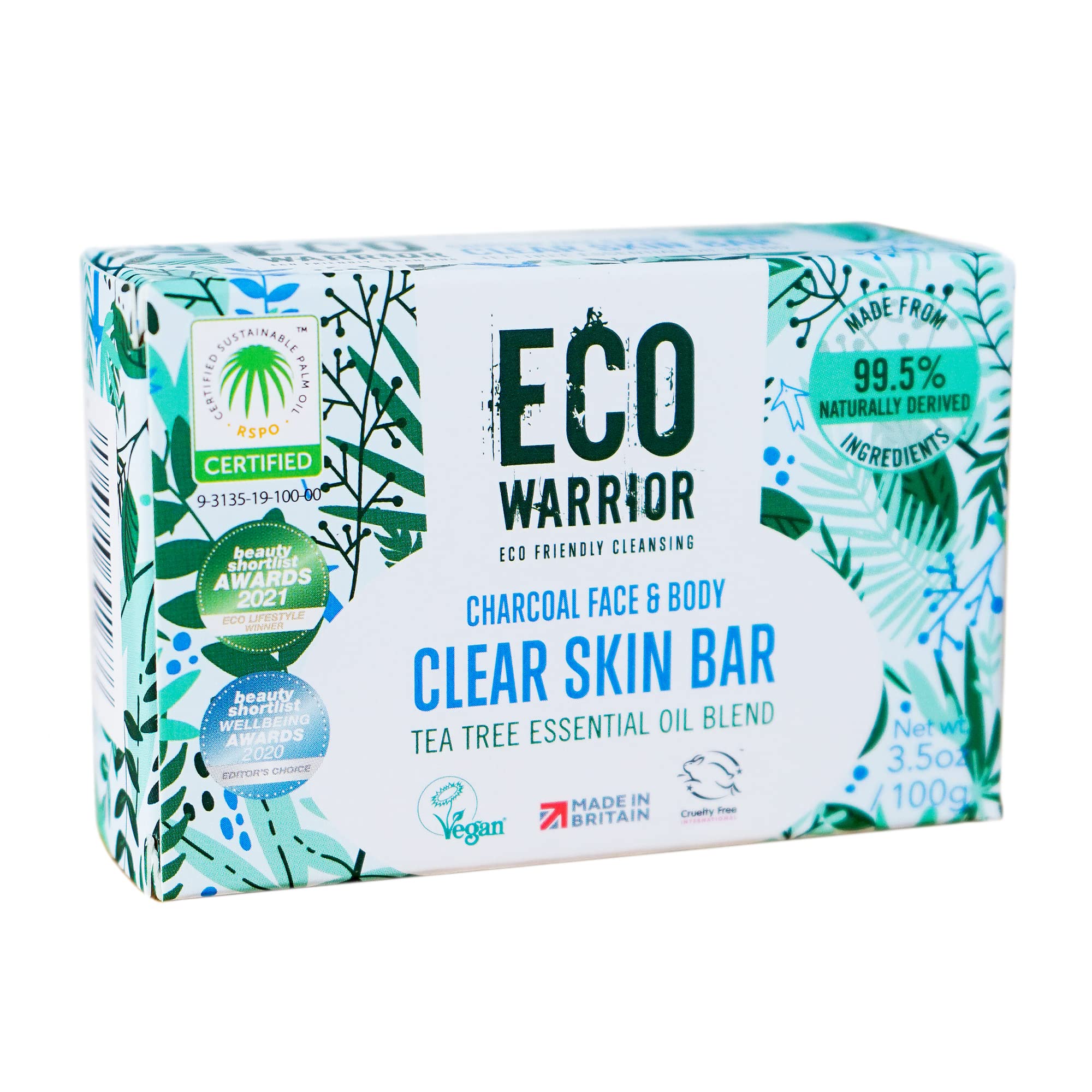 Eco Warrior Charcoal Clear Skin Soap Bar | Vegan, Cruelty-Free, eco friendly, Natural | Moisturising Charcoal, Grapeseed, and Anti-Bacterial Tea Tree Essential Oils | No SLS or Parabens | 100g