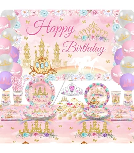 Four Ever A Princess 4th Birthday Decorations - Pink Gold Backdrop & Balloons Arch Kit