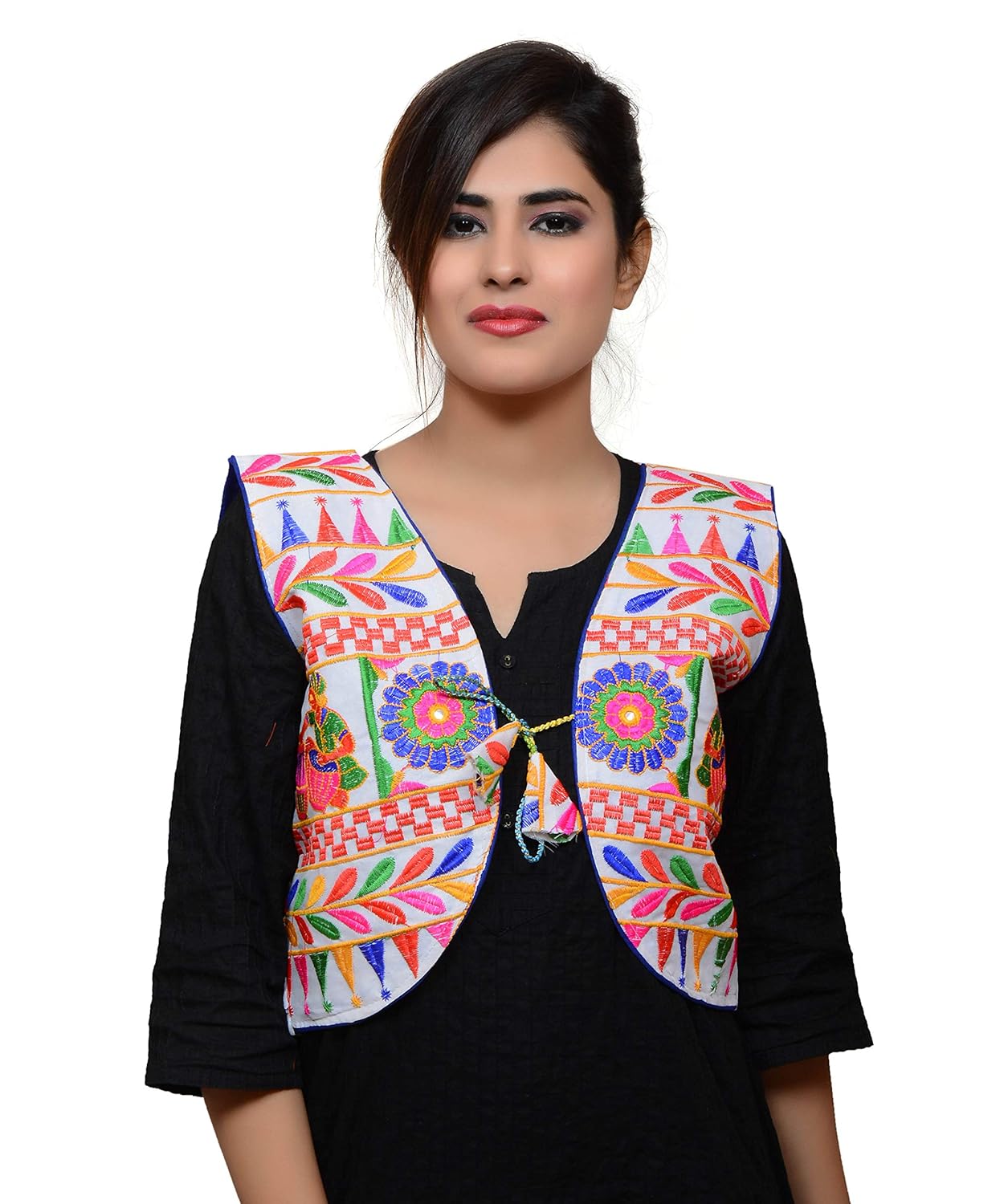 banjara india women's kutchi short jacket dholak (white)