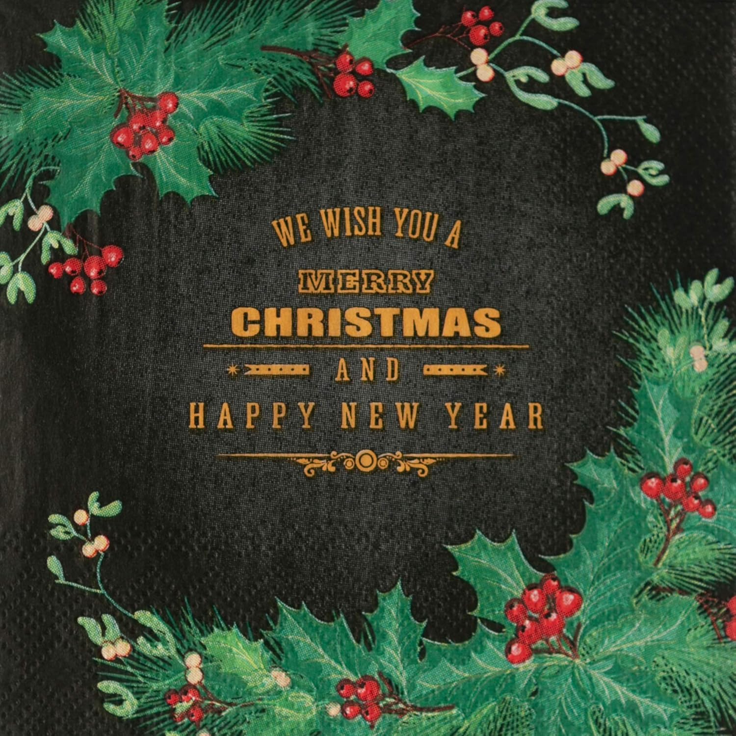 Merry Christmas Happy New Year Cocktail Napkins Green Holly Red Berries 50 Count Amazon Co Uk Office Products