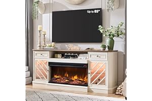 OKD 75 Inch 3-Sided Electric Fireplace TV Stand for TVs up to 85'',Modern Highboy Entertainment Center with 36" Fireplace & LED Lights,Widen Drawers and Glass Door Storage Cabinet, Antique White