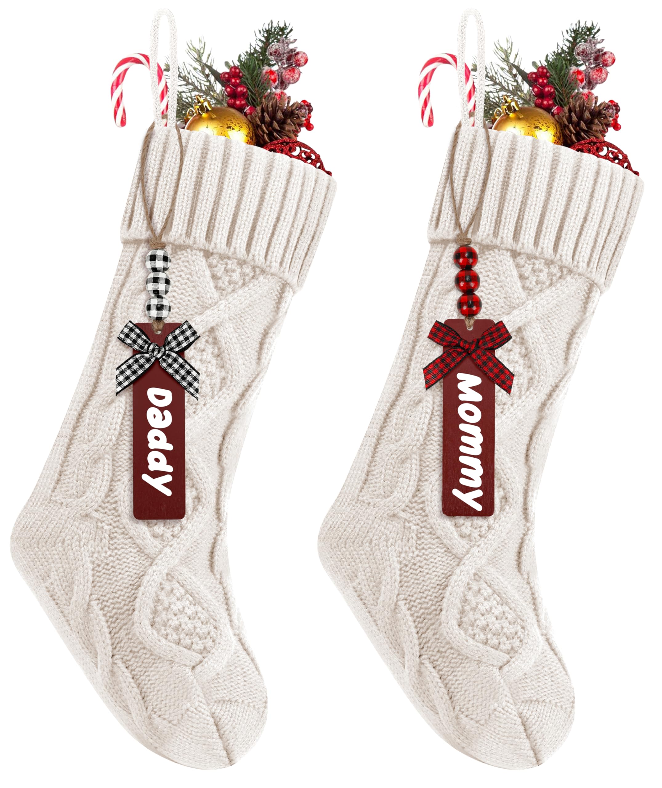Photo 1 of 2Pack Personalized Christmas Stockings with Wooden Name Tags, 18 inches Xmas Cable Knitted Stocking for Holiday, Hanging Decoration Gifts for Family Party(White)