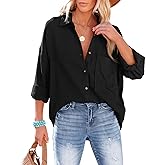 AISEW Womens Button Down Shirts Casual V Neck Long Sleeve Loose Fit Collared Plain Blouses Tops with Pocket
