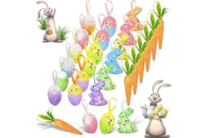 HIKKCOS 24 Pack Easter Egg Ornament Easter Colorful Rabbit Carrot Eggs Foam Easter Tree Decoration for Easter Spring Party