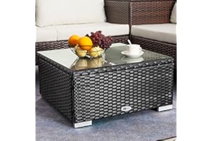 DIMAR GARDEN Outdoor Coffee Table Wicker Patio Side Table with Glass Top,25.2in Black