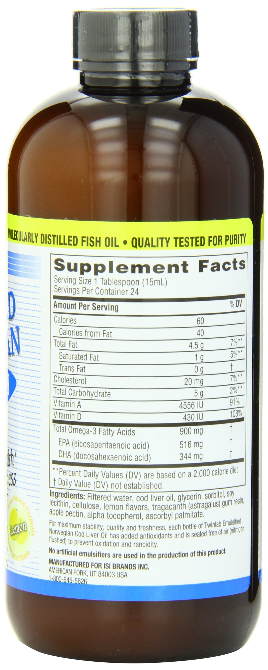 Twinlab Emulsified Norwegian Cod Liver Oil, Lemon, 12 Ounce (Pack Of 2