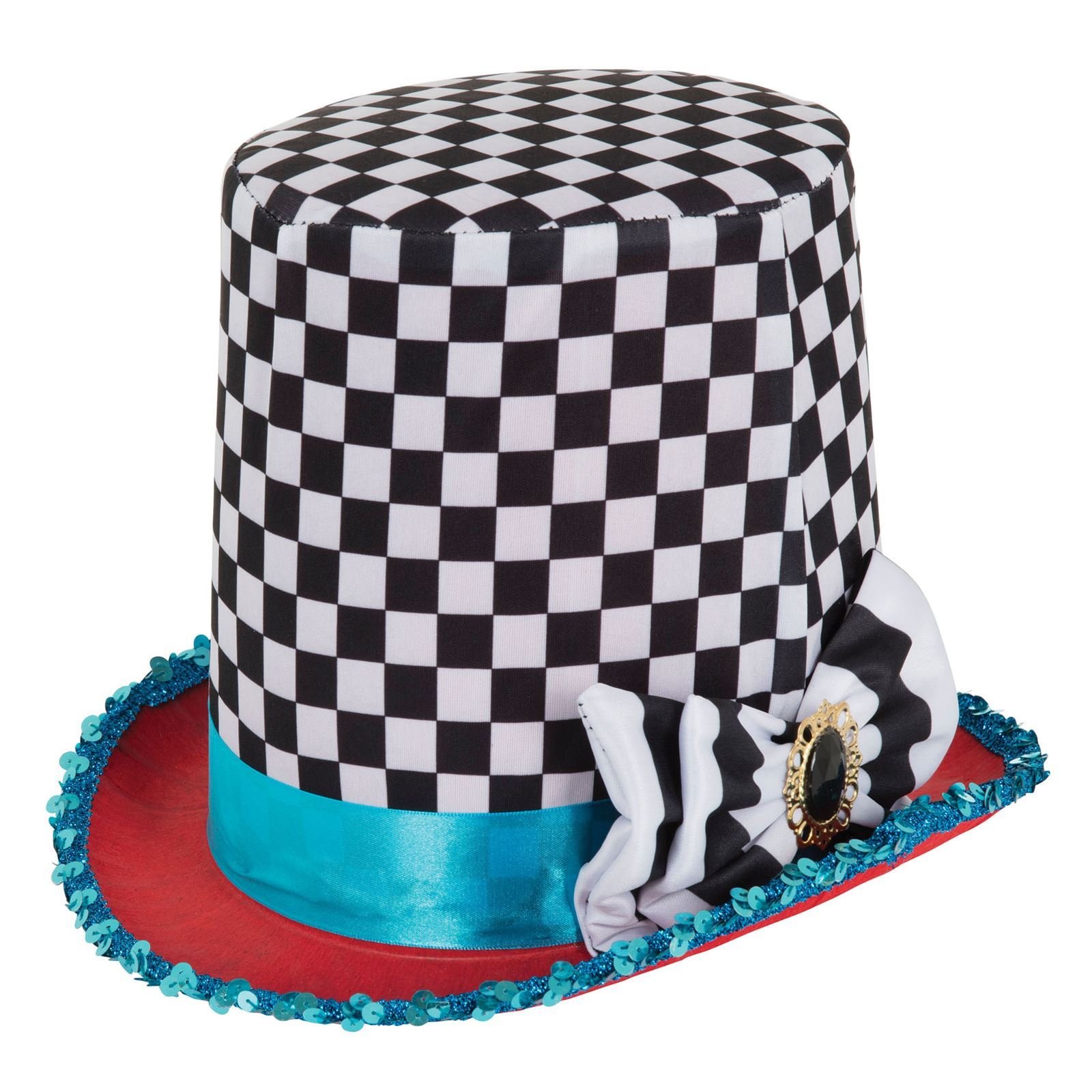 Chequered Top Hatter Hat Black White Alice Mad Tea Party Fairytale Fancy Dress Headwear Costume Theatre Cosplay