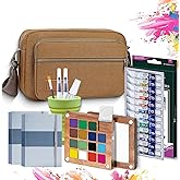 RHRTBX Mini Watercolor Travel Set, Portable Painting Kit with Travel Storage Bag, 2 Sketch Books, 15 Grids Walnut Wood Portable Palette (12 Colors&3 Brushes) suit for Beginners & Artists