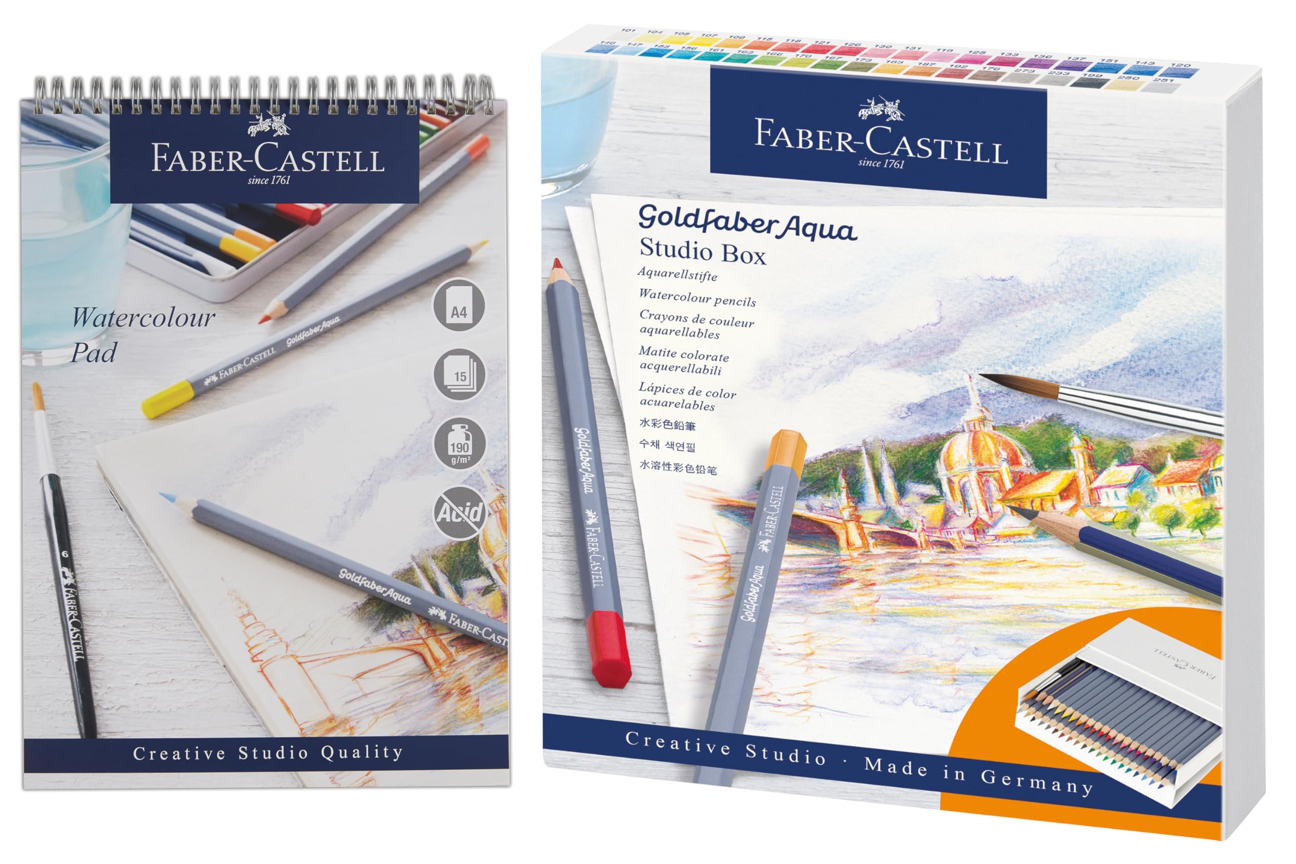 Faber-Castell Goldfaber Aqua, Watercolour Pencils, Set Of 38 & Watercolour Pad, A4, Spiral Bound Paper, 190 GSM, 15 Sheets