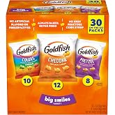 Goldfish Crackers Big Smiles Variety Pack with Cheddar, Colors, and Pretzels, Snack Packs, 30 Ct