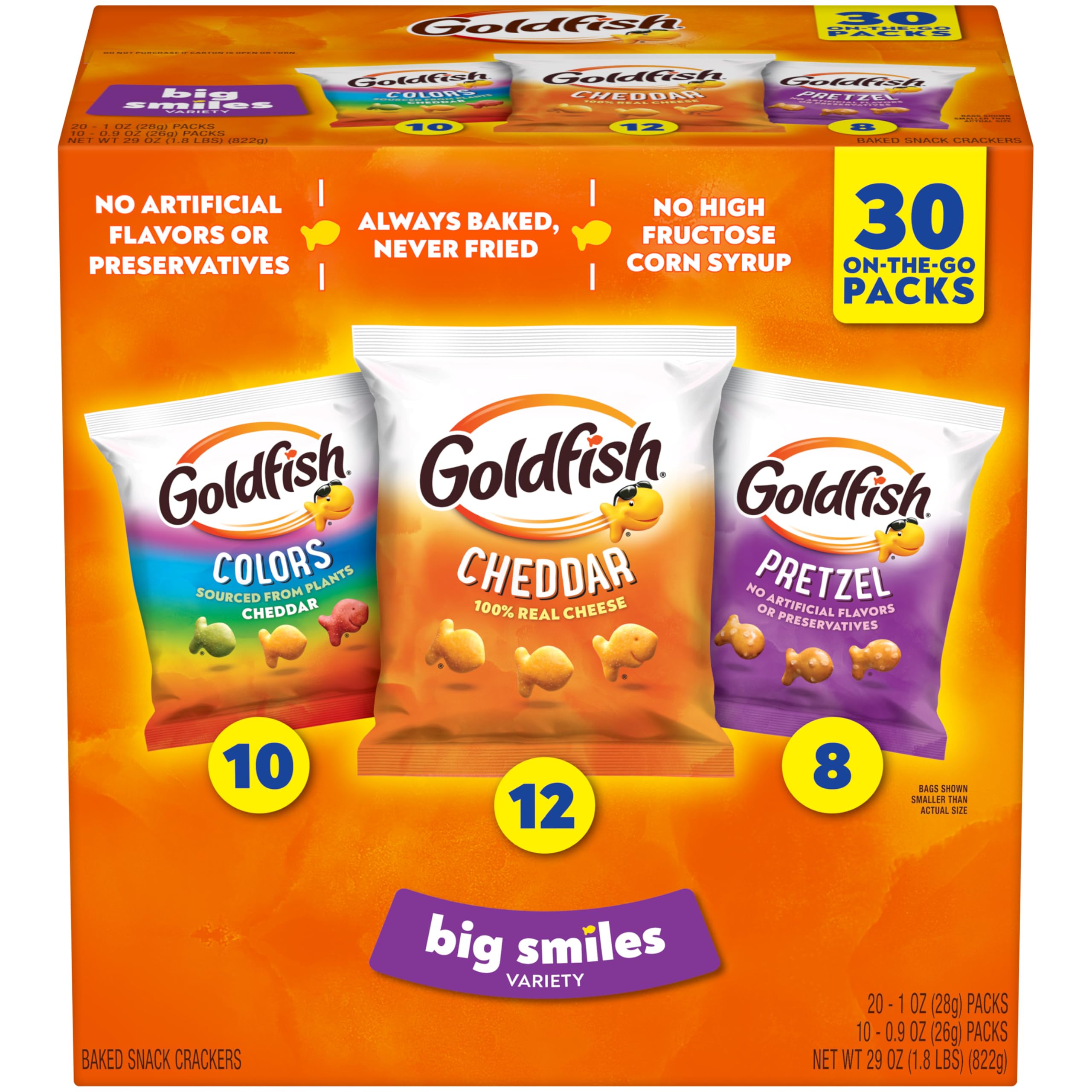 Goldfish Crackers Big Smiles Variety Pack with Cheddar, Colors, and Pretzels, Snack Packs, 30 Ct