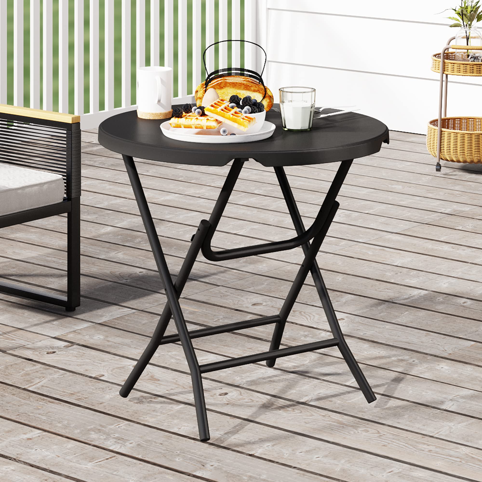 YITAHOME 80cm Gartentisch, Runder Klapptisch, Balkontisch Klappbar, Campingtisch Wetterfest für Outdoor Party Strand BBQ, mit Rostfreie Metallrahmen, 80 x 80 x 74cm, Schwarz 2