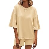 Tankaneo Womens 2 Piece Outfits Sweater Set Lounge Sets 3/4 Sleeve Oversized Tops and Elastic Waist Shorts Pajama Sets