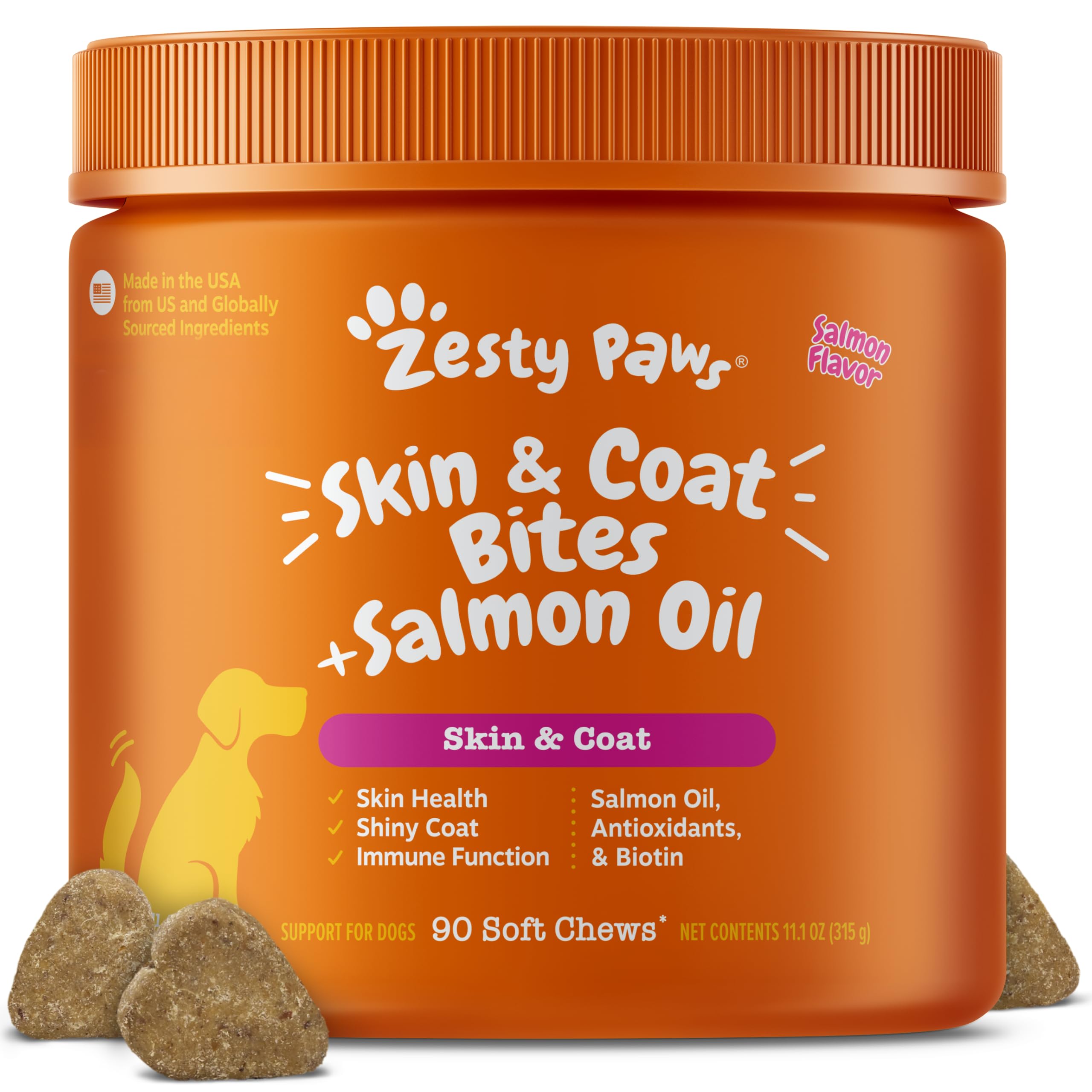 Zesty Paws, Salmon Bites for Dogs, Skin & Coat, All Ages, Salmon Flavour, 90 Soft Chews
