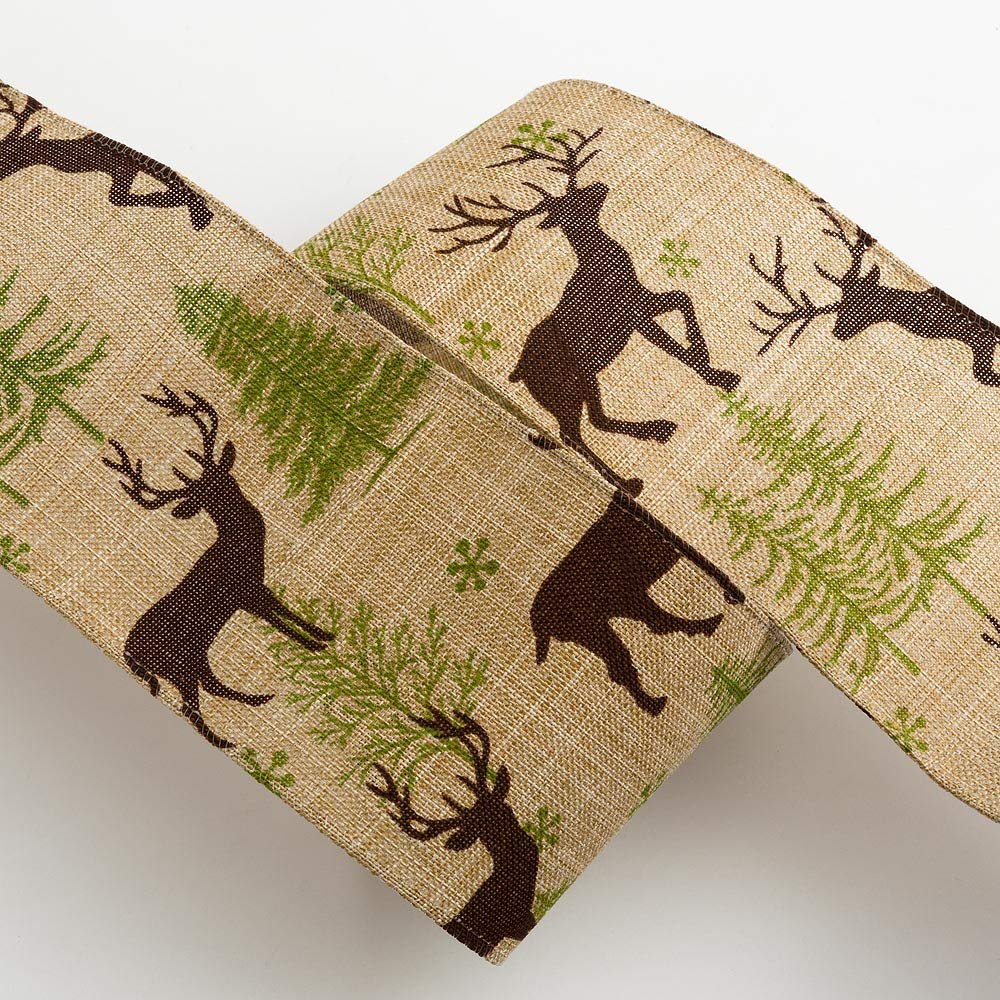 Italian Options - Christmas Stag Hessian Ribbon - Wired Edge - 50mm x 10M - Natural