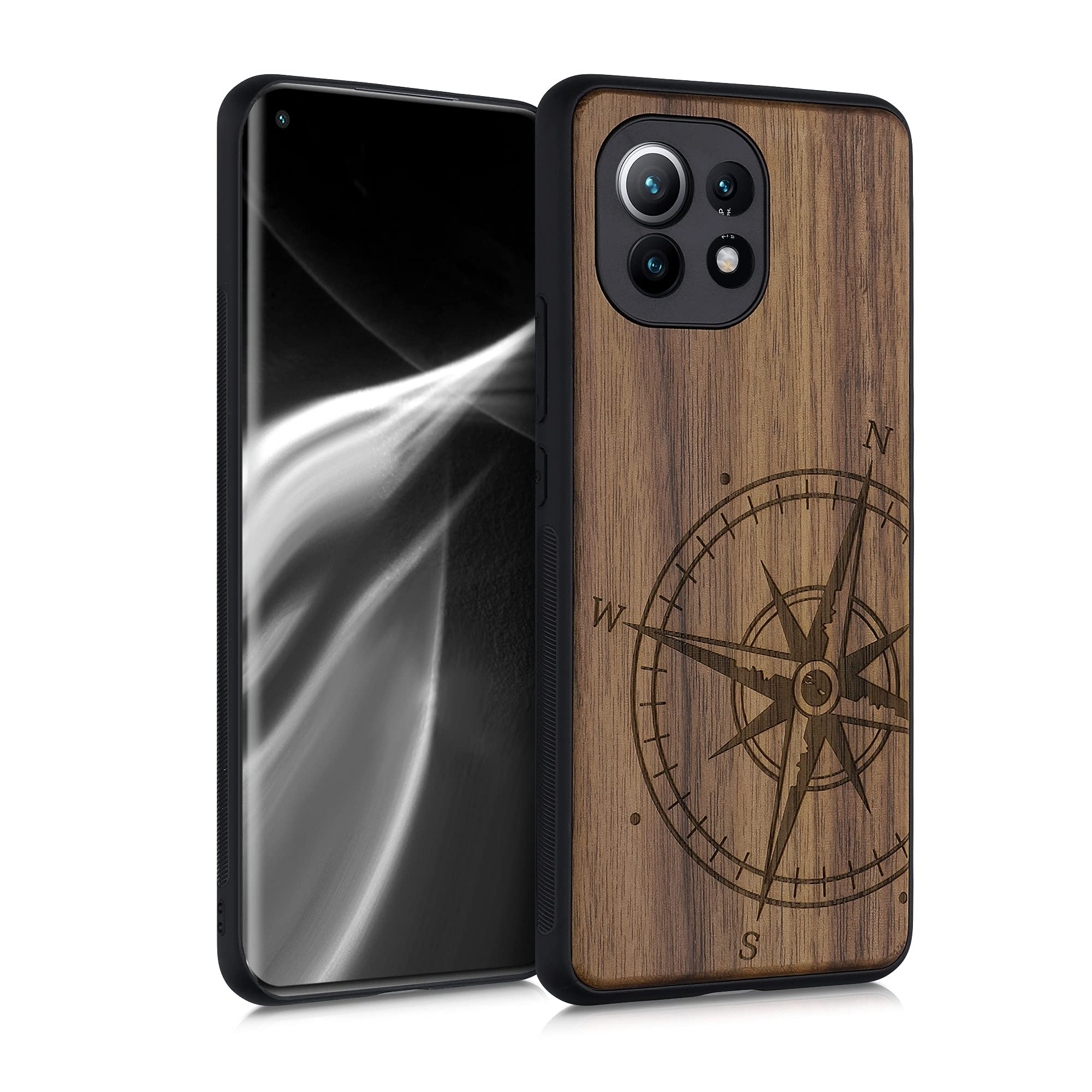 kwmobile Wood Case Compatible with Xiaomi Mi 11 Case - Cover - Navigational Compass Dark Brown