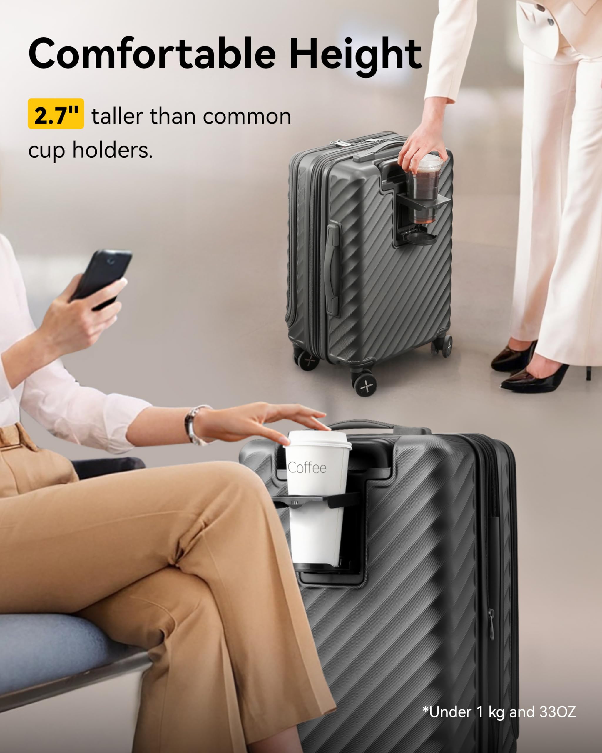 LUGGEX Carry On Luggage with Compartment and Cup Holder, Expandable PC Hard Shell Suitcase with Front Pocket (Gunmetal, 2-Piece (20/Tote))
