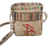 manakamana Handcrafted Hemp Crossbody Bag, Mushroom Embroidered Design, Natural Beige
