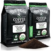 The Bean Organic Coffee Co. Half-Caff 50/50 French Roast, Ground, 2 x 1 lb | Deep, smoky, bold dark. Balanced blend of regular and Swiss Water Process decaf. Organic half-caff ground coffee.